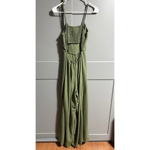 Flying Tomato Wide Leg Pinstripe Tie Front Keyhole Back Strap Jumpsuit Green XS - Picture 5 of 8